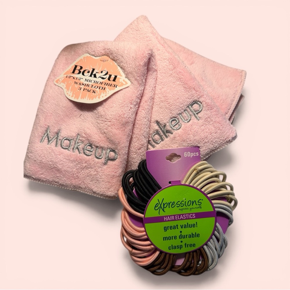 Expressions Assorted Hair Elastics with 3 Pink Makeup Cloths